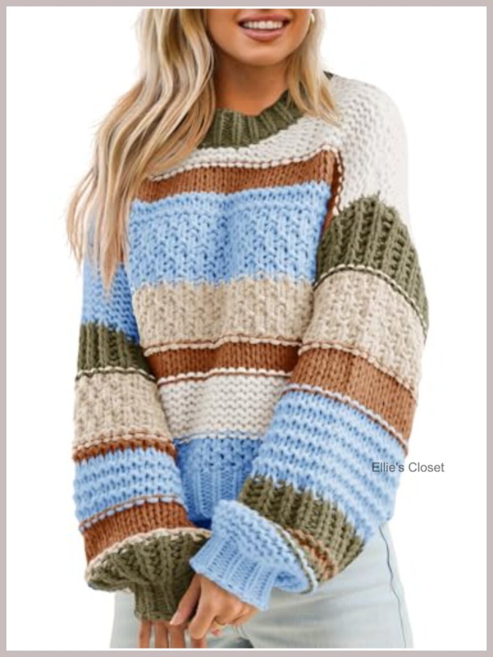 Chunky Knit Cropped Sweater Women Color Block Striped Crew Neck Oversized